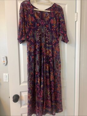EUC Johnny Was Jade Sayler Floral Embroidery Mesh Midi Dress Ethel/Purple Large